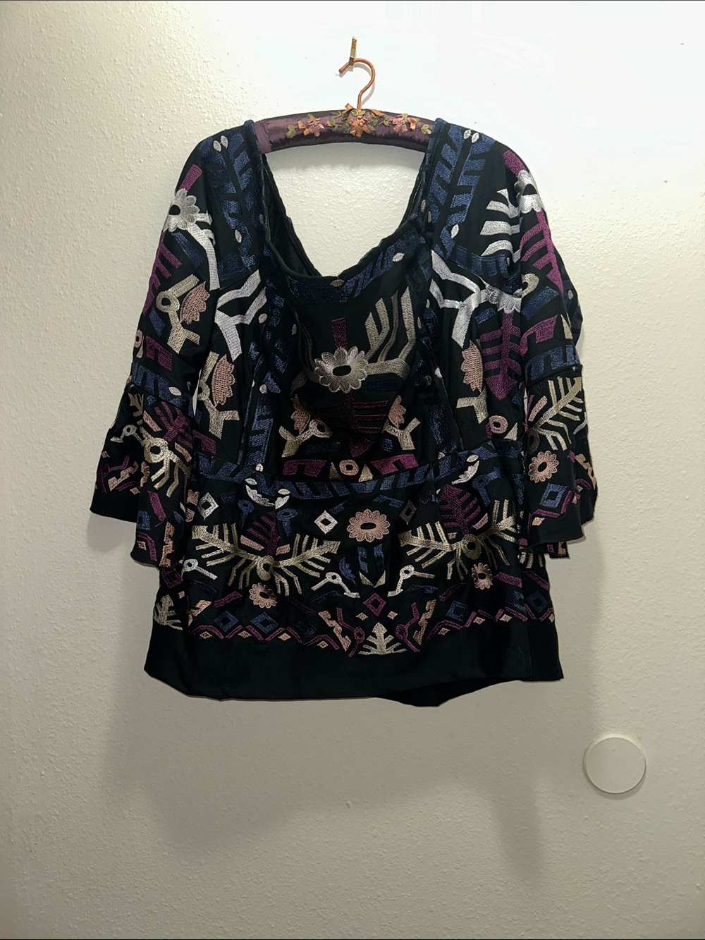 VENUS Black Blouse with Purple, Blue & Cream Embroidery